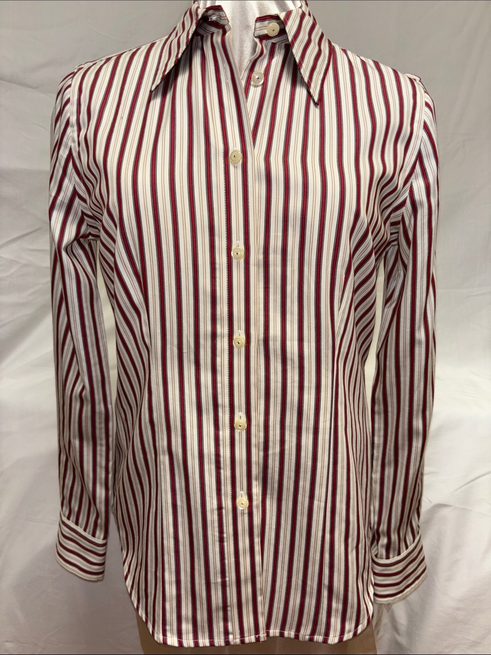 Jones New York Burgundy and White Vertical Stripe Button-Front Blouse